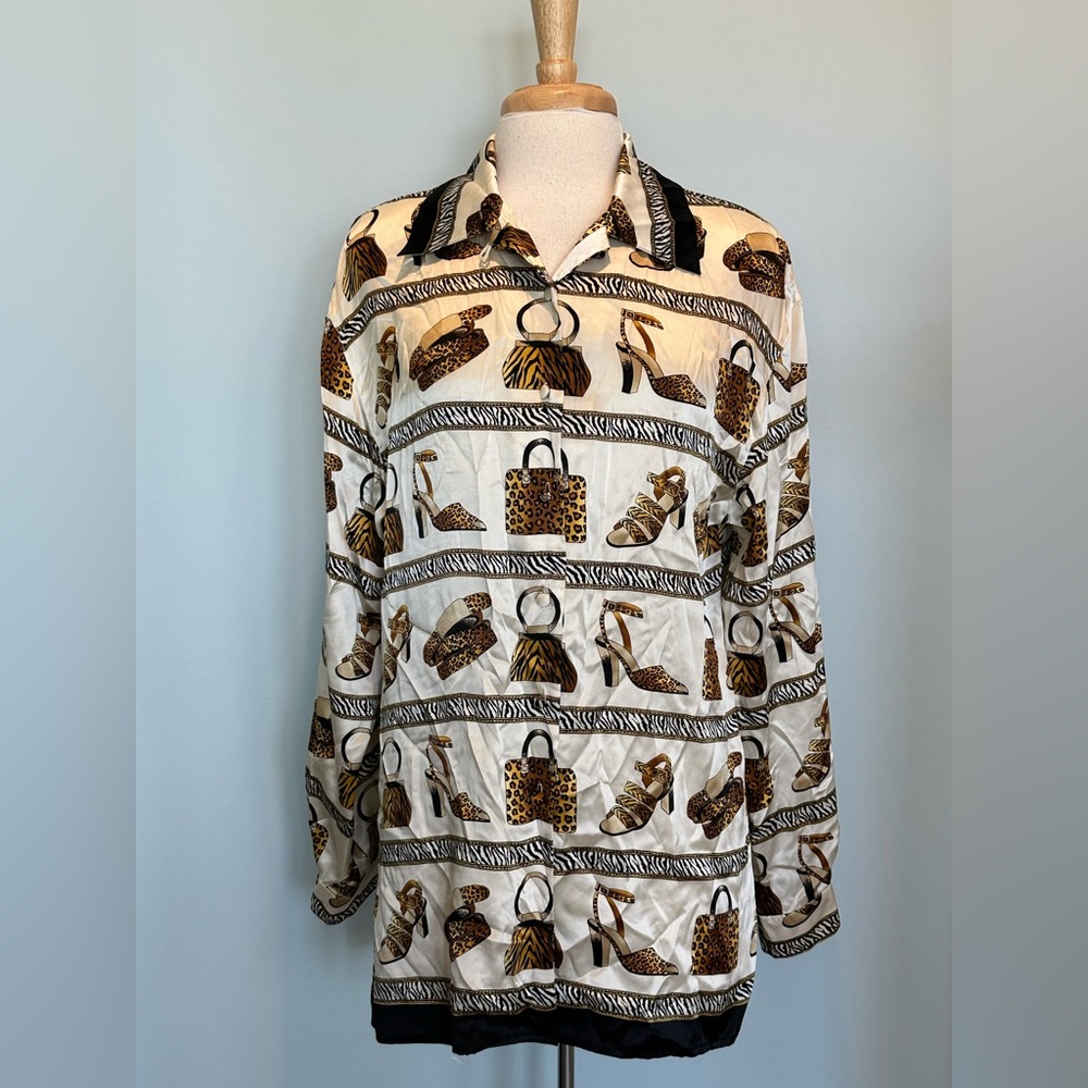 Corey B New York 100% Silk leopard animal print Vintage long sleeve blouse